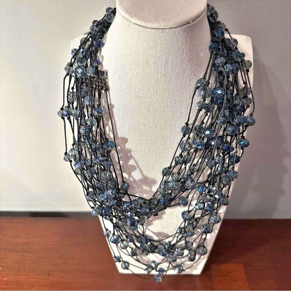 Chico’s Beaded Necklace Gray Blue Long Multi Strand Statement Beads Coastal 43"